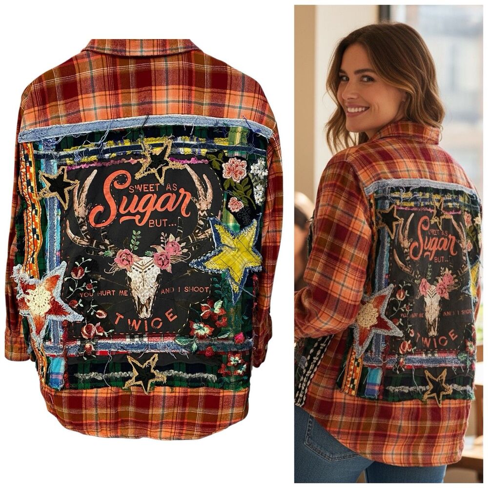 Upcycled Flannel Shirt Shacket Womens L Orange Grunge Patchwork Folk Art Skull
